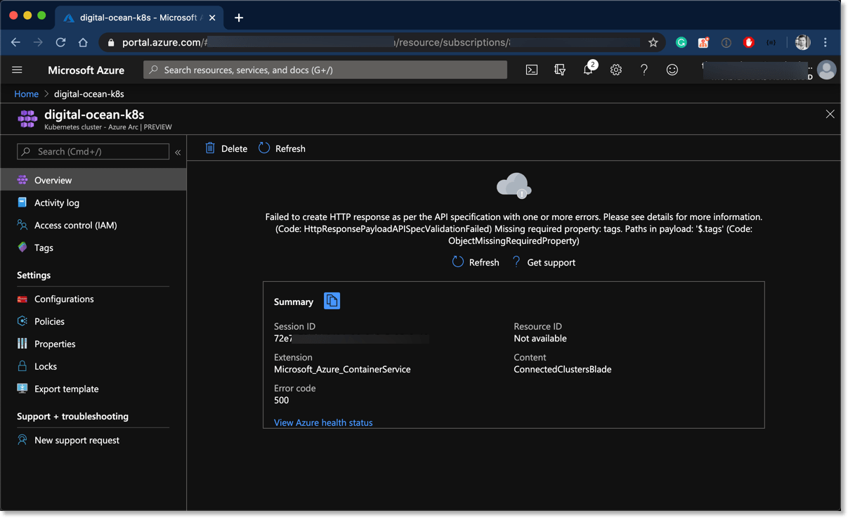 Azure Portal errors because of missing tags