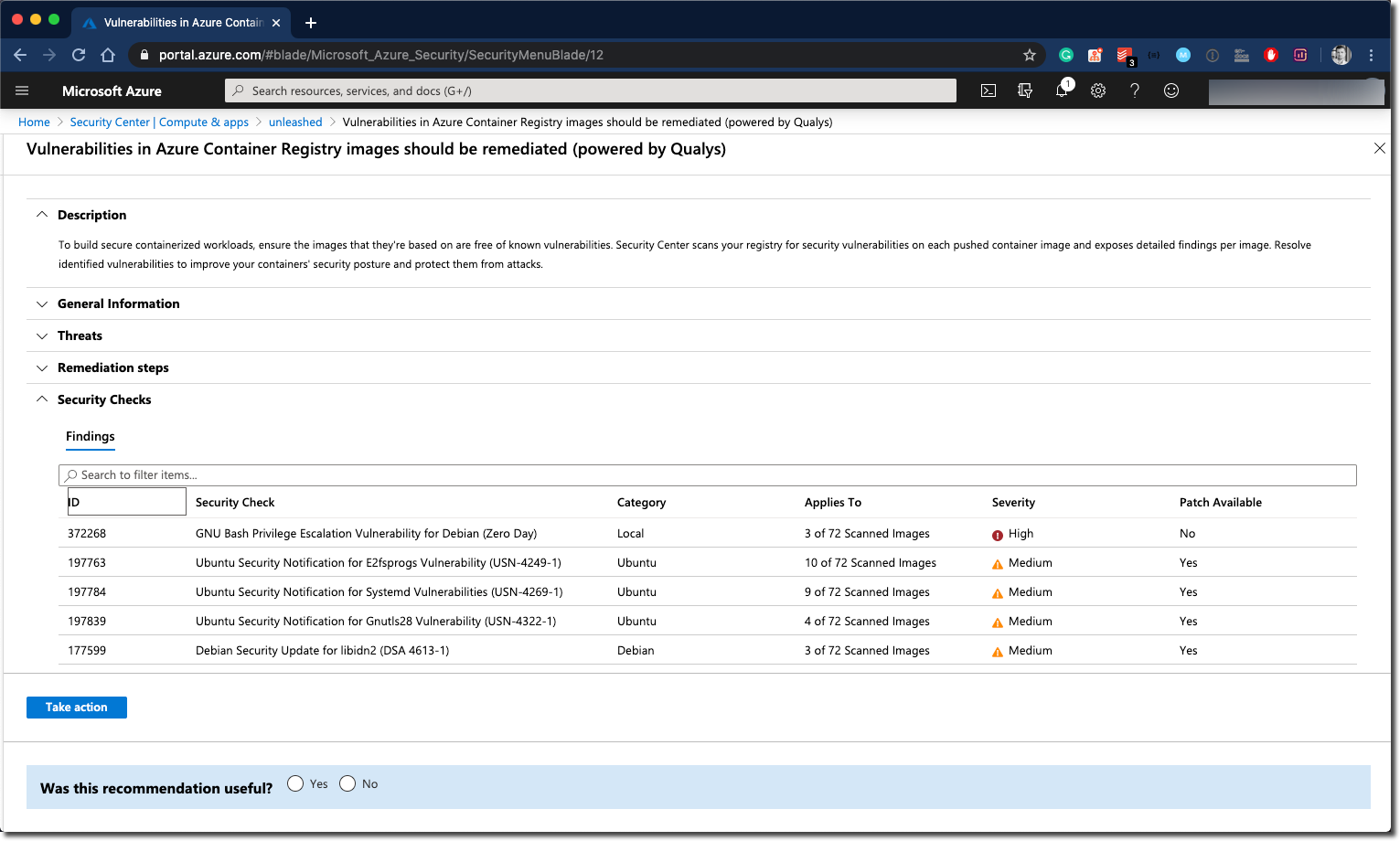 Azure Security Center - Findings per ACR instance