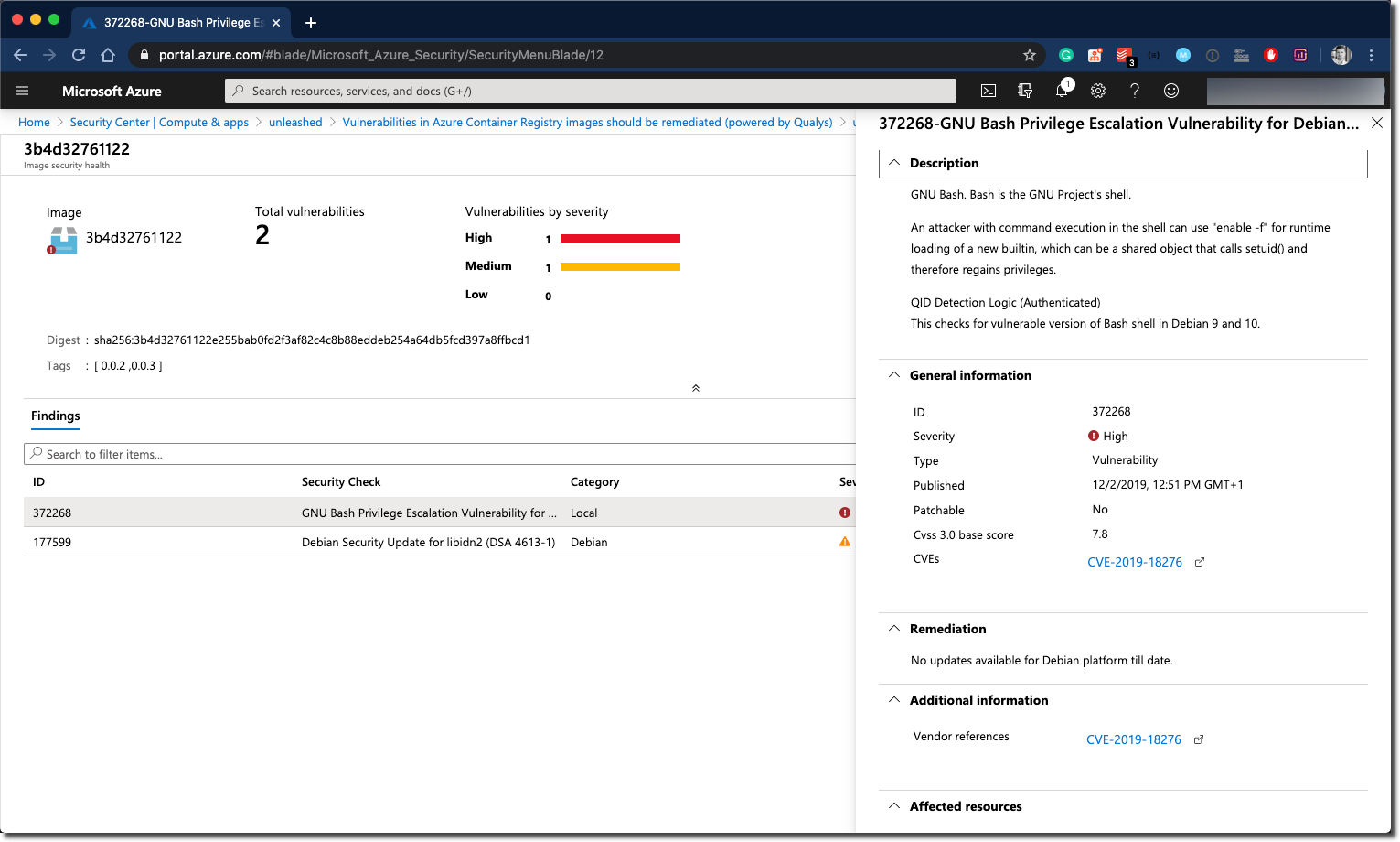 Azure Security Center - Actual finding on a Docker image