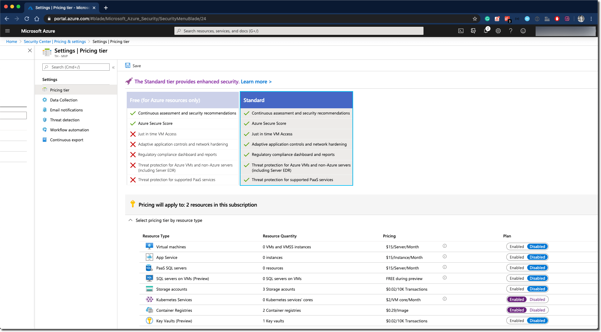 Azure Security Center - Tier Selection