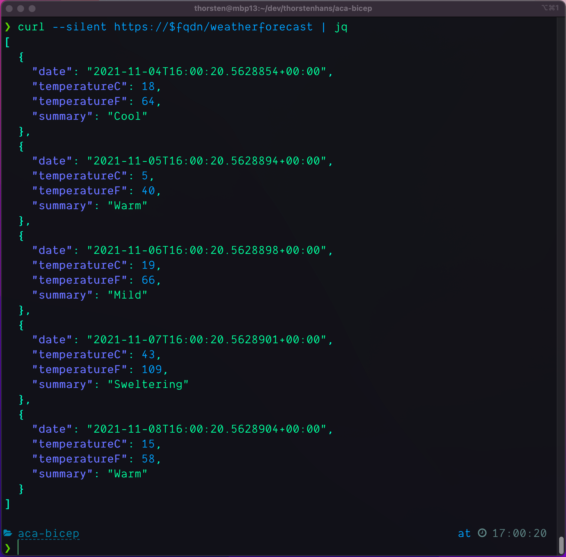 ASP.NET Core Weatherforecast running in Azure Container Apps