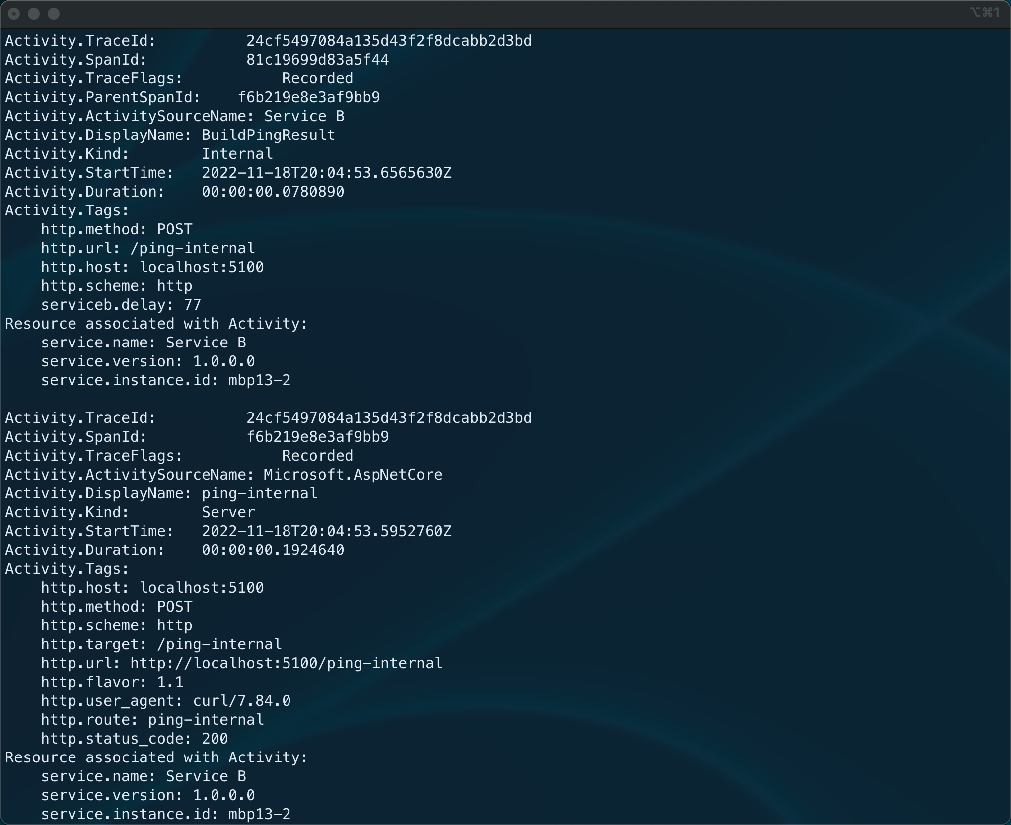 Traces exported to the Console via OpenTelemetry